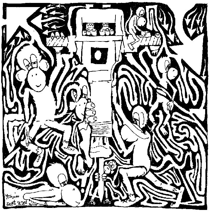 maze comic of team of monkeys on a jackhammer